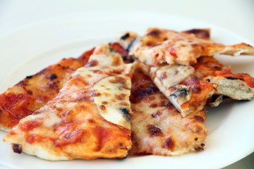 Portions of pizza on plate