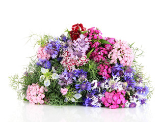 Fototapeta premium Beautiful bouquet in basket isolated on white