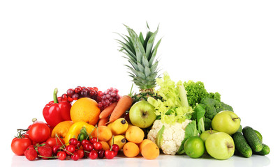 Naklejka na ściany i meble Assortment of fresh fruits and vegetables, isolated on white