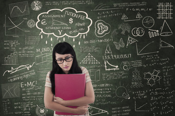 Asian female student look down in class