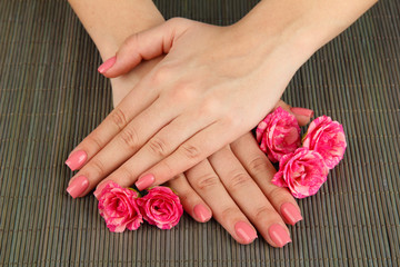 Woman hands with pink manicure and flowers,