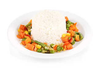 Delicious risotto with vegetables isolated on white