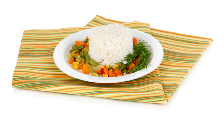 Delicious risotto with vegetables isolated on white