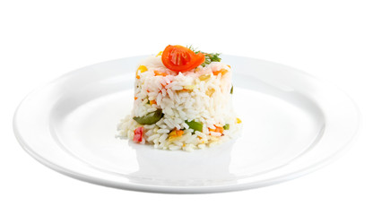 Delicious risotto with vegetables, isolated on white