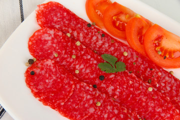 Tasty salami on plate on  napkin isolated on white
