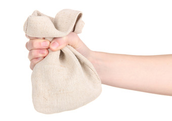 Small sack in hand, isolated on white