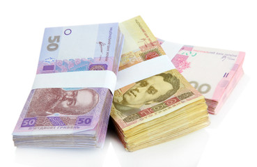 Pile of Ukrainian money, isolated on white