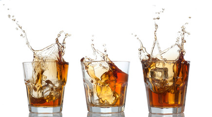 whiskey set splashing out of glass on white