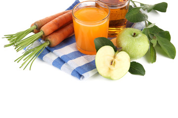 Glasses of juice, apples and carrots, isolated on white