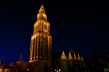 famous Martinitoren (Martini tower) in Groningen at night