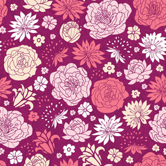 Vector purple pink flower silhouettes seamless pattern