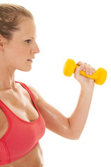 fitness woman red sports bra close curl