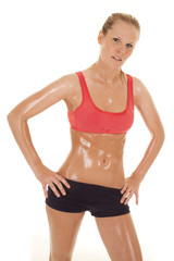 woman fitness red sports bra sweat stand