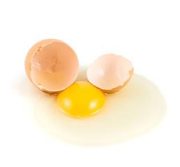 Cracked egg shell with yolk and protein