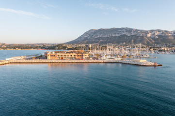 Fototapeta na wymiar Alicante Denia port marina and Mongo in mediterranean sea of Spa