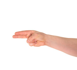 Pointing pistol-like hand gesture isolated