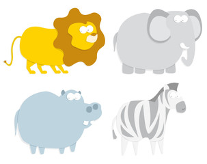 Wild animals: lion, hippo, zebra and elephant