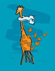 Giraffe with a scarf caught in an autumn storm