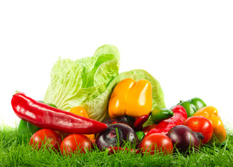 vegetable on green gras on isolated white  background