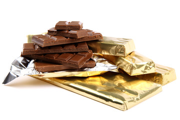 Chocolate bar in foil isolated on white background
