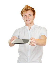 Businessman holding computer plane-table