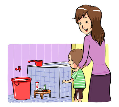 Mother accompanying her son to take a bath. Vector EPS8 file.