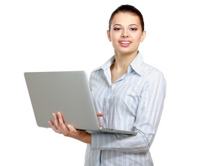 A young woman holding a laptop