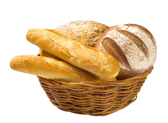 Bread loaves and baguettes in a basket