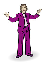 Junge Frau Ira im pinken Anzug mit großer Geste