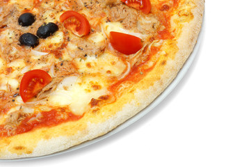 tuna and cherry tomato pizza isolated on white background