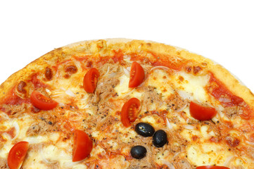 tuna and cherry tomato pizza isolated on white background