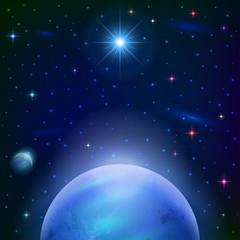 Space background with planet and sun