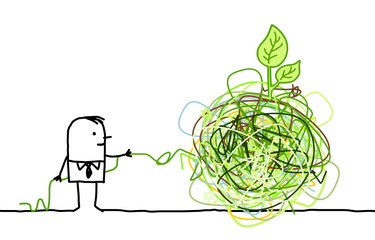 man untangling a green knot