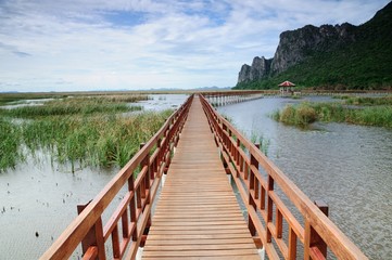 Naklejka premium The long wooden bridge, Pranburi, Thailand