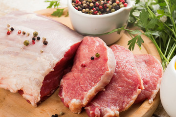 Fresh raw meat on wooden background with pepper