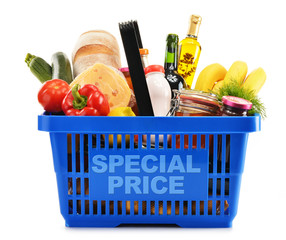 Plastic shopping basket with variety of grocery products