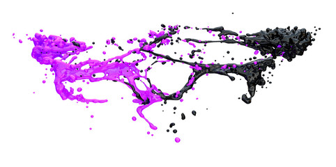 black and purple color splashes collide, isolated on white