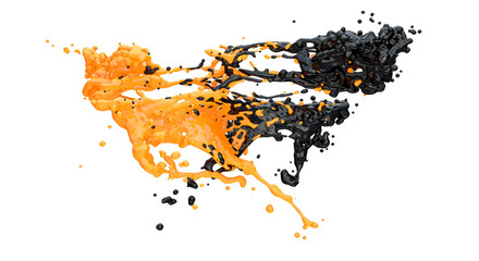 black and orange color splashes collide, isolated on white