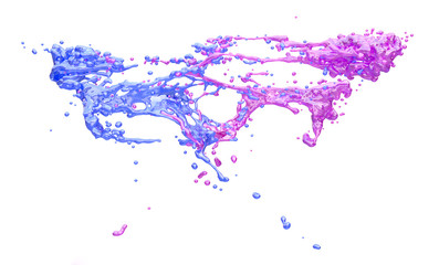 blue and pink color splashes collide, isolated on white