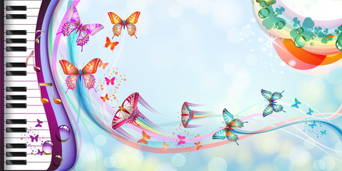 Springtime background with butterflies and piano keys
