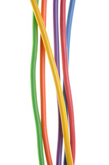 Bundles of electric computer cables on a white background