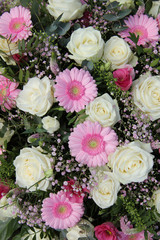 pink gerberas and white roses in bridal arrangement