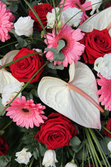 Anthurium, roses and gerberas in a bridal arrangement