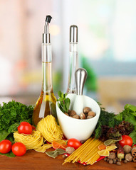 Composition of mortar, pasta and green herbals,