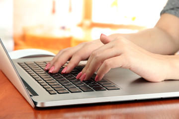 Female hands writing on laptop, on bright background