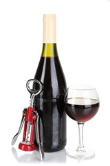 Corkscrew and bottle of wine isolated on white