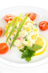Small portion of food on big plate close up