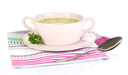 Obraz na płótnie Canvas Nourishing soup with vegetables in pan isolated on white