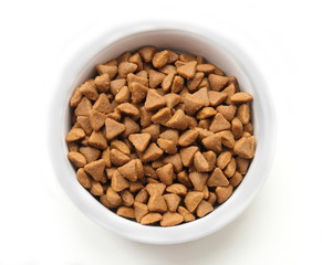 Dry cat food in a ceramic bowl