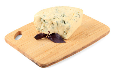 Tasty blue cheese on cutting board, isolated on white